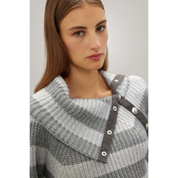 Derek Lam 10 Crosby Gray Striped Button Neck Sweater Ribbed Knit Small - Picture 3 of 7